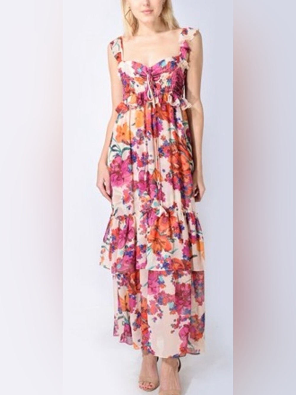 MISA Los Angeles Floral Chiffon Tiered Ruffle Dress Sz. M